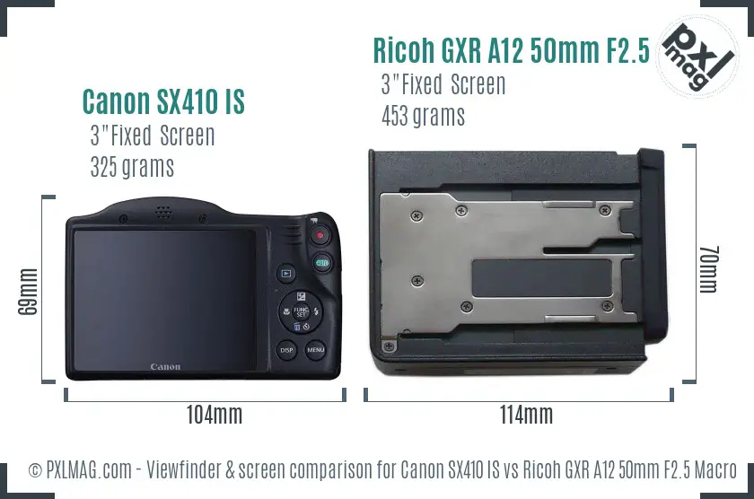 Canon SX410 IS vs Ricoh GXR A12 50mm F2.5 Macro Screen and Viewfinder comparison