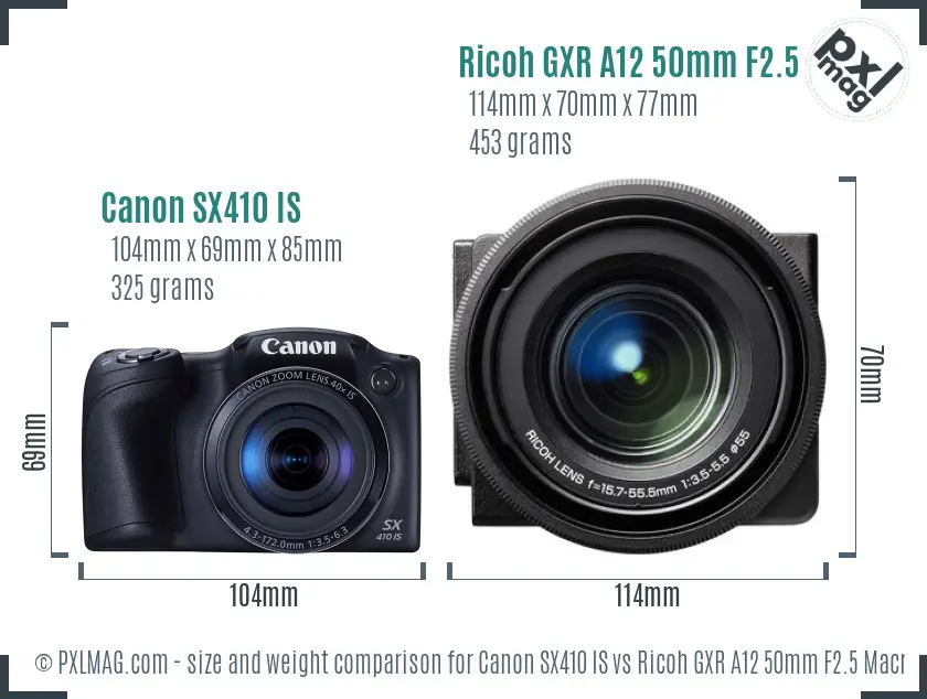 Canon SX410 IS vs Ricoh GXR A12 50mm F2.5 Macro size comparison