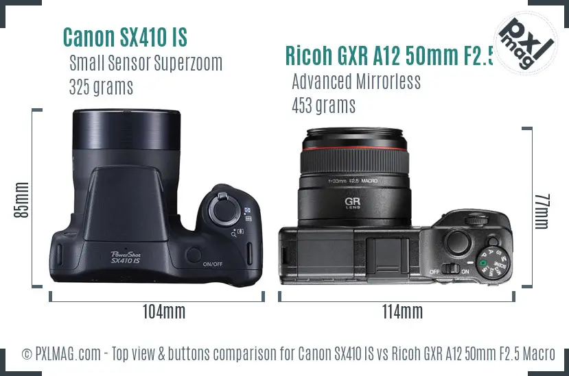 Canon SX410 IS vs Ricoh GXR A12 50mm F2.5 Macro top view buttons comparison