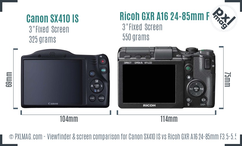 Canon SX410 IS vs Ricoh GXR A16 24-85mm F3.5-5.5 Screen and Viewfinder comparison