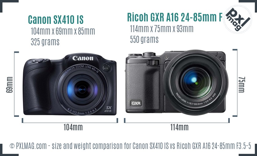 Canon SX410 IS vs Ricoh GXR A16 24-85mm F3.5-5.5 size comparison