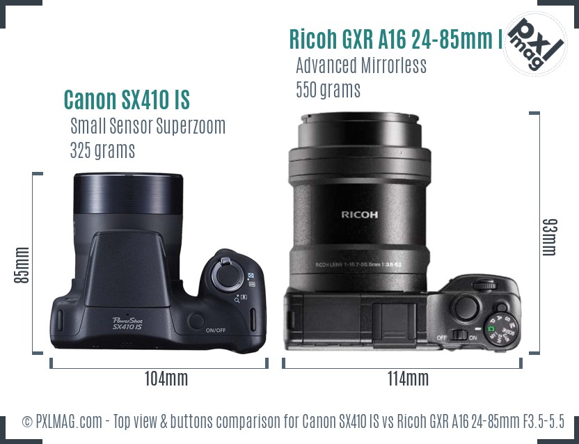Canon SX410 IS vs Ricoh GXR A16 24-85mm F3.5-5.5 top view buttons comparison