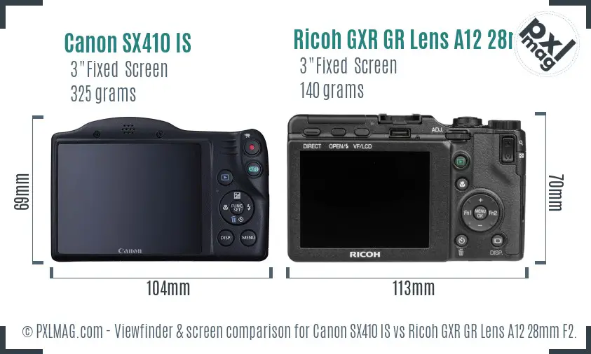 Canon SX410 IS vs Ricoh GXR GR Lens A12 28mm F2.5 Screen and Viewfinder comparison