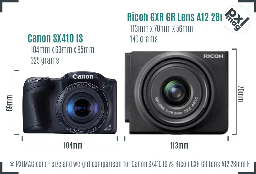 Canon SX410 IS vs Ricoh GXR GR Lens A12 28mm F2.5 size comparison