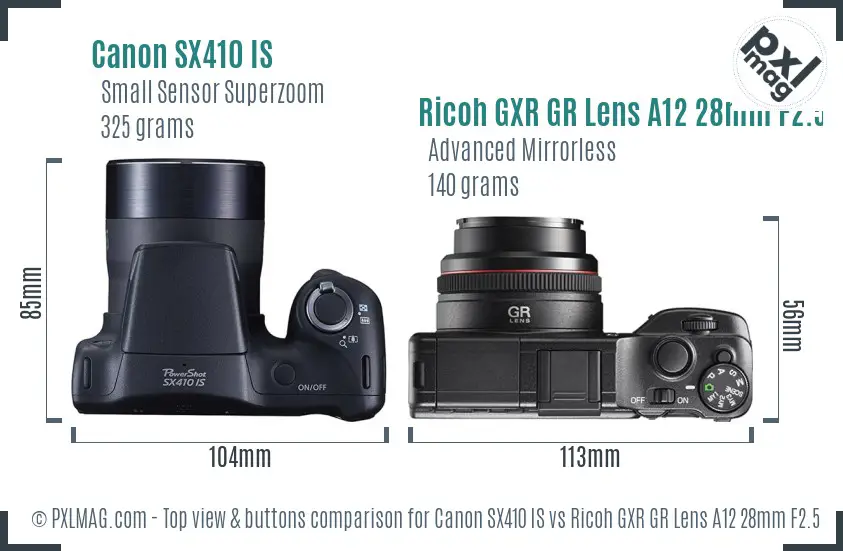 Canon SX410 IS vs Ricoh GXR GR Lens A12 28mm F2.5 top view buttons comparison