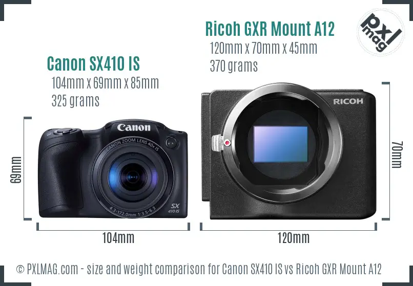 Canon SX410 IS vs Ricoh GXR Mount A12 size comparison Canon SX410 IS vs Ricoh GXR Mount A12 size comparison