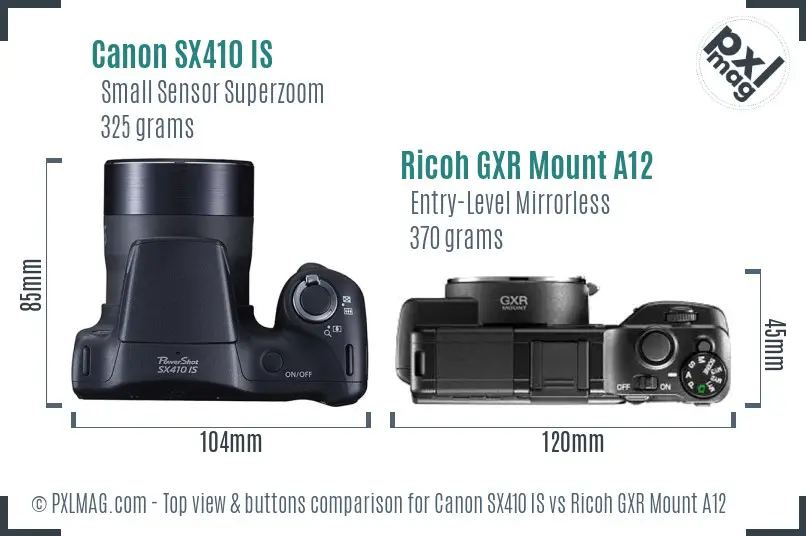 Canon SX410 IS vs Ricoh GXR Mount A12 top view buttons comparison Canon SX410 IS vs Ricoh GXR Mount A12 top view buttons comparison