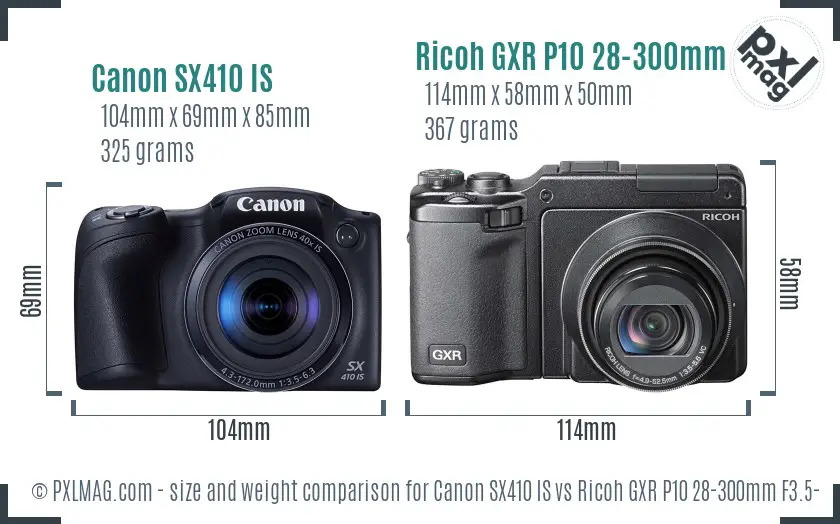Canon SX410 IS vs Ricoh GXR P10 28-300mm F3.5-5.6 VC size comparison Canon SX410 IS vs Ricoh GXR P10 28-300mm F3.5-5.6 VC size comparison
