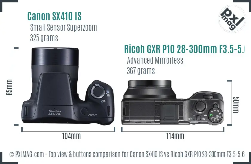 Canon SX410 IS vs Ricoh GXR P10 28-300mm F3.5-5.6 VC top view buttons comparison Canon SX410 IS vs Ricoh GXR P10 28-300mm F3.5-5.6 VC top view buttons comparison