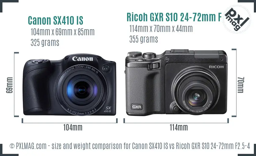 Canon SX410 IS vs Ricoh GXR S10 24-72mm F2.5-4.4 VC size comparison