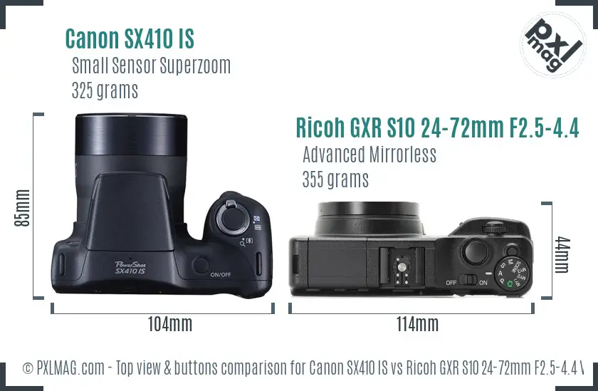 Canon SX410 IS vs Ricoh GXR S10 24-72mm F2.5-4.4 VC top view buttons comparison