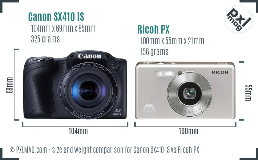 Canon SX410 IS vs Ricoh PX size comparison