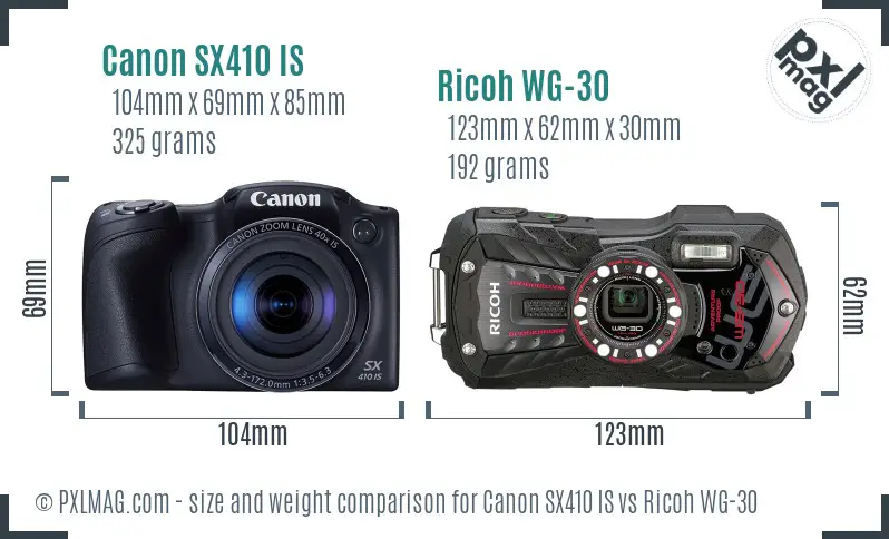 Canon SX410 IS vs Ricoh WG-30 size comparison