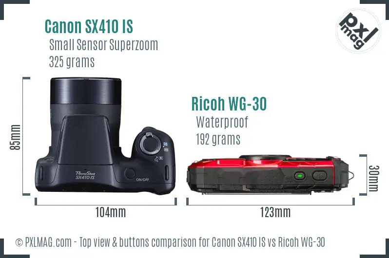 Canon SX410 IS vs Ricoh WG-30 top view buttons comparison