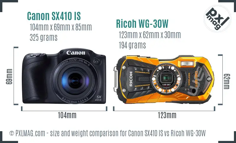 Canon SX410 IS vs Ricoh WG-30W size comparison