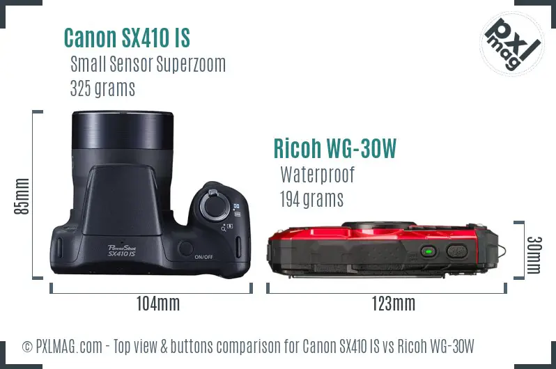 Canon SX410 IS vs Ricoh WG-30W top view buttons comparison