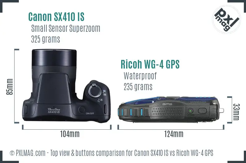 Canon SX410 IS vs Ricoh WG-4 GPS top view buttons comparison