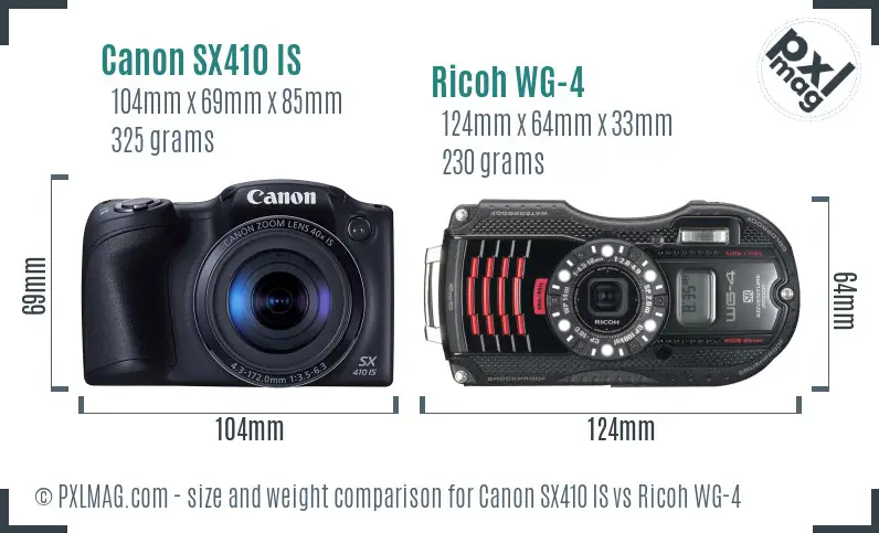 Canon SX410 IS vs Ricoh WG-4 size comparison