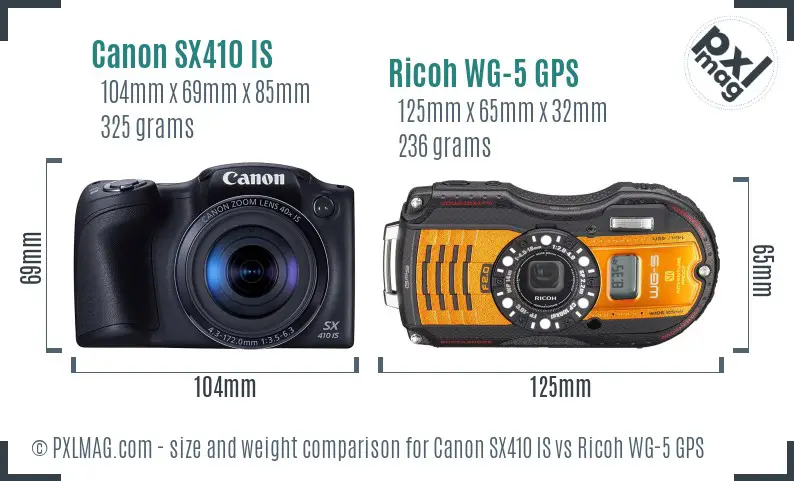 Canon SX410 IS vs Ricoh WG-5 GPS size comparison