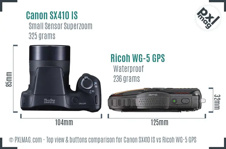 Canon SX410 IS vs Ricoh WG-5 GPS top view buttons comparison