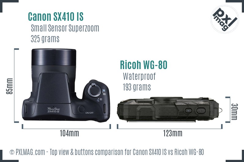Canon SX410 IS vs Ricoh WG-80 top view buttons comparison