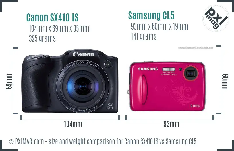Canon SX410 IS vs Samsung CL5 size comparison