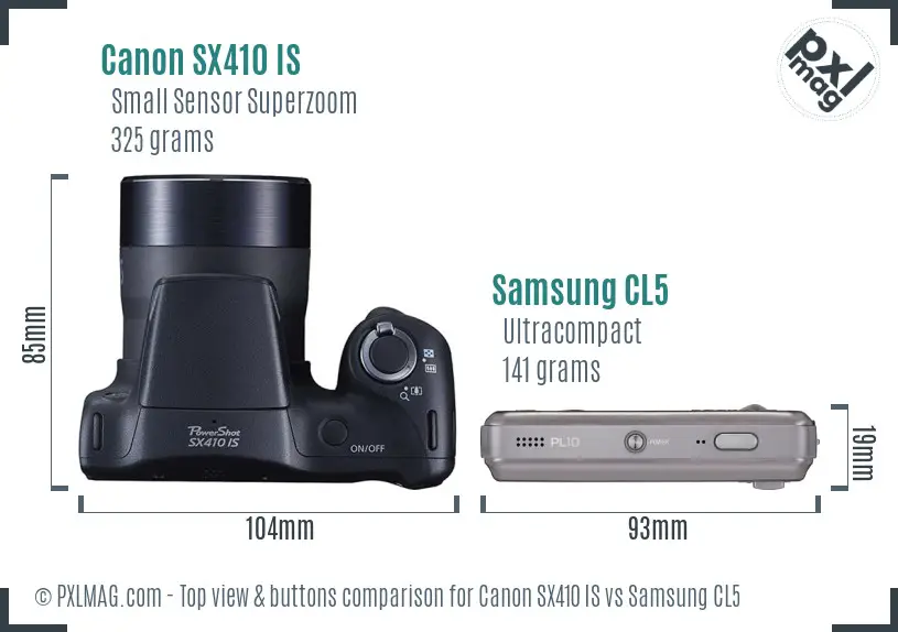 Canon SX410 IS vs Samsung CL5 top view buttons comparison