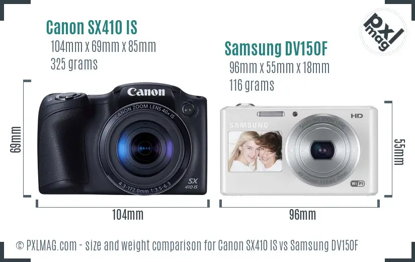 Canon SX410 IS vs Samsung DV150F size comparison