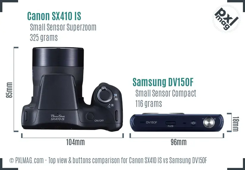 Canon SX410 IS vs Samsung DV150F top view buttons comparison