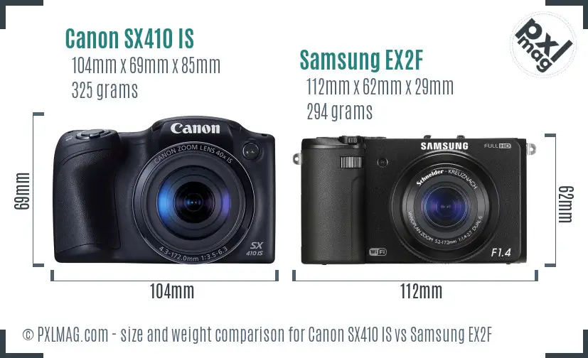 Canon SX410 IS vs Samsung EX2F size comparison Canon SX410 IS vs Samsung EX2F size comparison