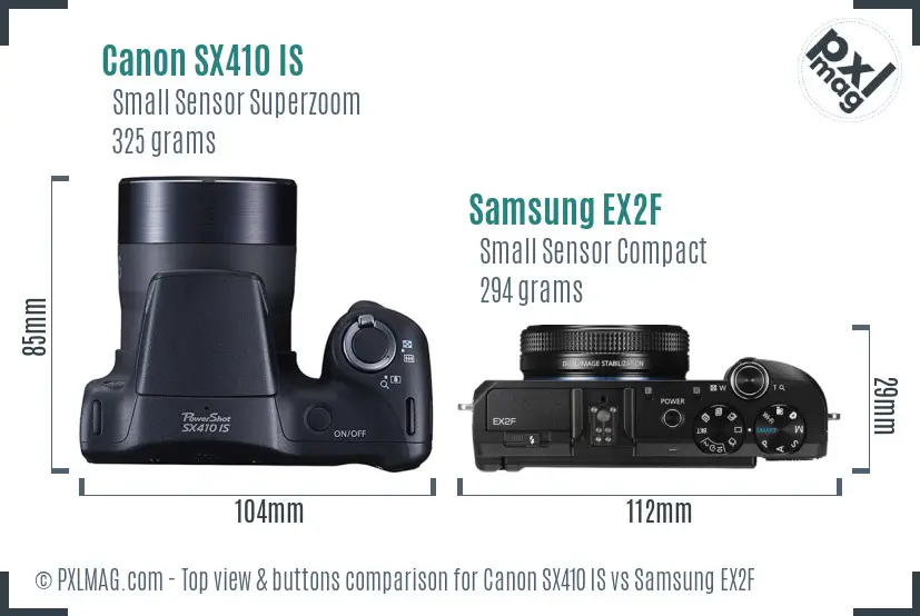 Canon SX410 IS vs Samsung EX2F top view buttons comparison