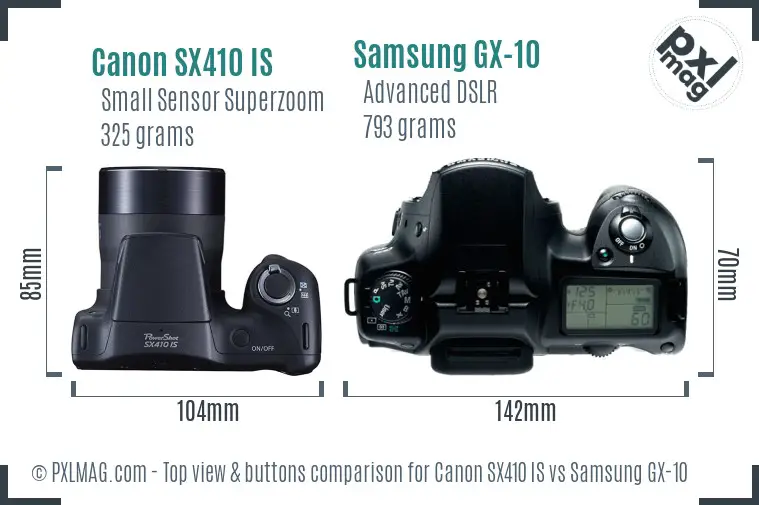 Canon SX410 IS vs Samsung GX-10 top view buttons comparison Canon SX410 IS vs Samsung GX-10 top view buttons comparison