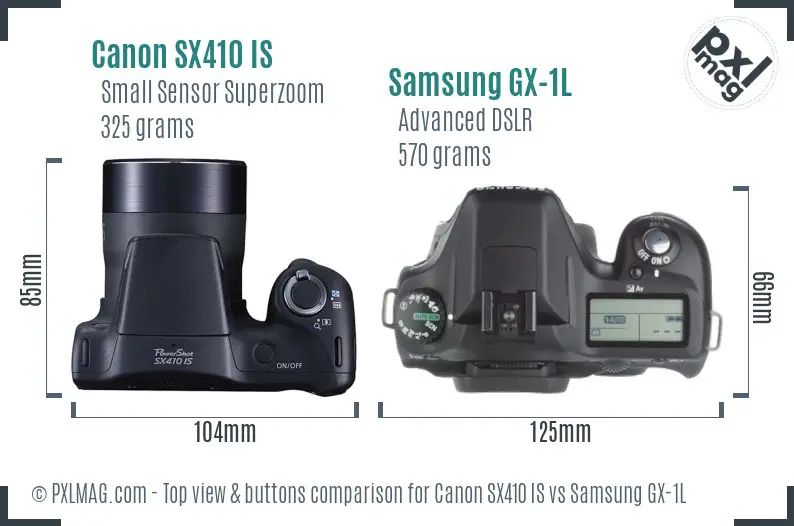 Canon SX410 IS vs Samsung GX-1L top view buttons comparison