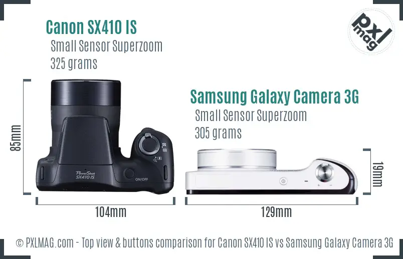 Canon SX410 IS vs Samsung Galaxy Camera 3G top view buttons comparison