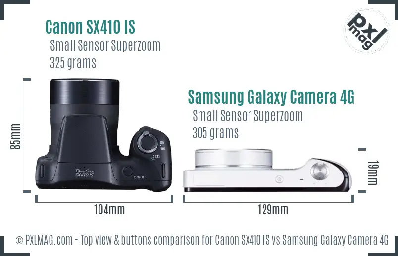 Canon SX410 IS vs Samsung Galaxy Camera 4G top view buttons comparison