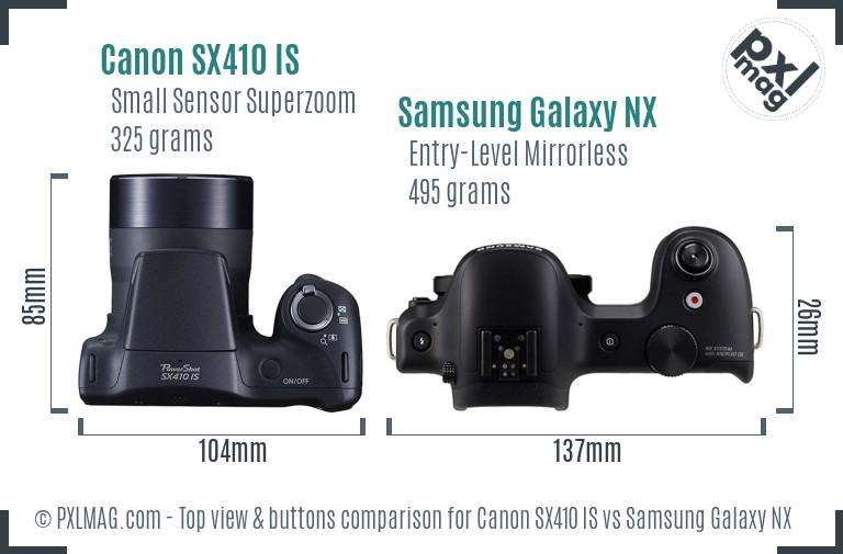 Canon SX410 IS vs Samsung Galaxy NX top view buttons comparison