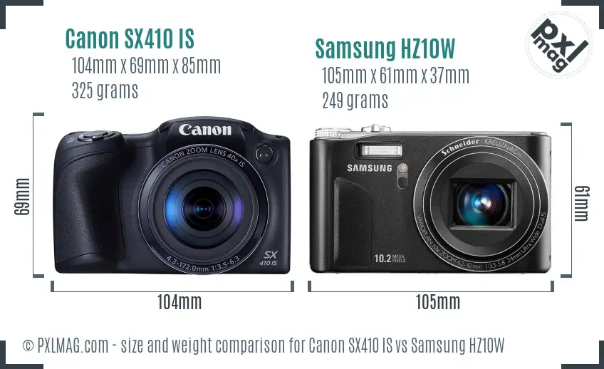 Canon SX410 IS vs Samsung HZ10W size comparison