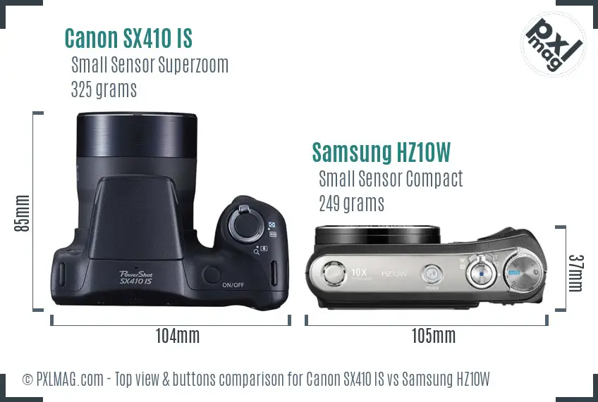 Canon SX410 IS vs Samsung HZ10W top view buttons comparison