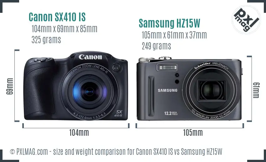 Canon SX410 IS vs Samsung HZ15W size comparison