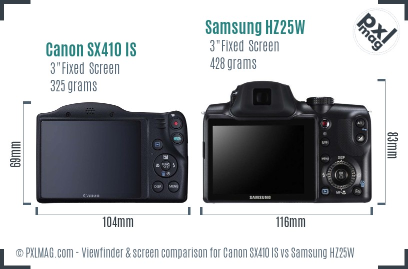 Canon SX410 IS vs Samsung HZ25W Screen and Viewfinder comparison
