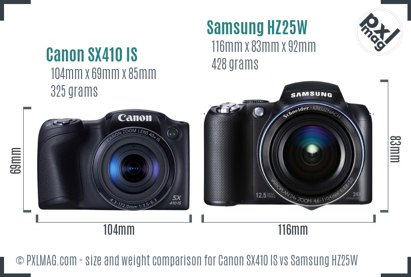 Canon SX410 IS vs Samsung HZ25W size comparison