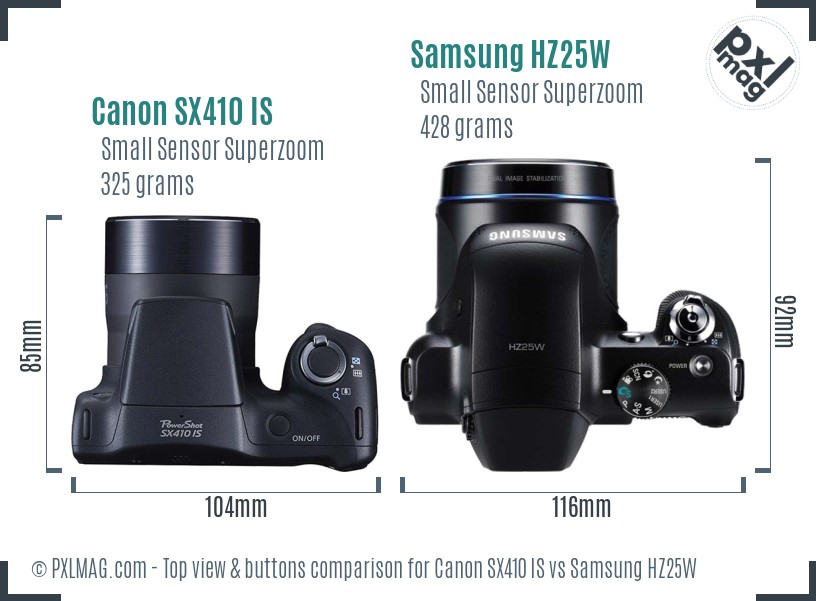 Canon SX410 IS vs Samsung HZ25W top view buttons comparison