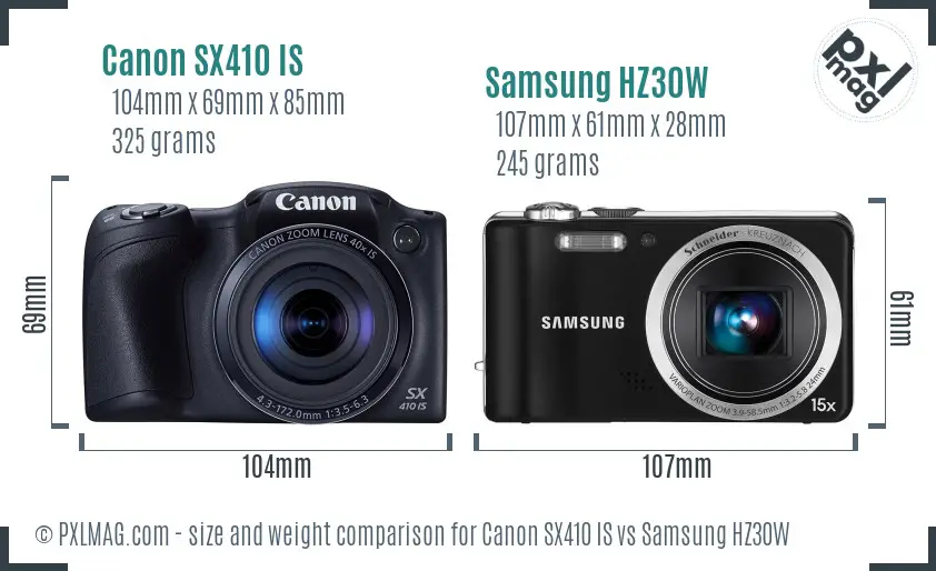 Canon SX410 IS vs Samsung HZ30W size comparison