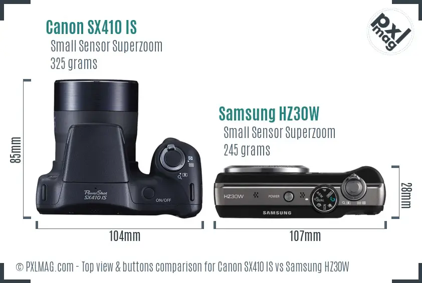 Canon SX410 IS vs Samsung HZ30W top view buttons comparison