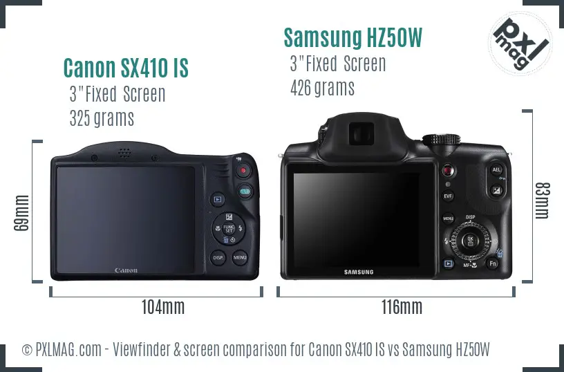 Canon SX410 IS vs Samsung HZ50W Screen and Viewfinder comparison
