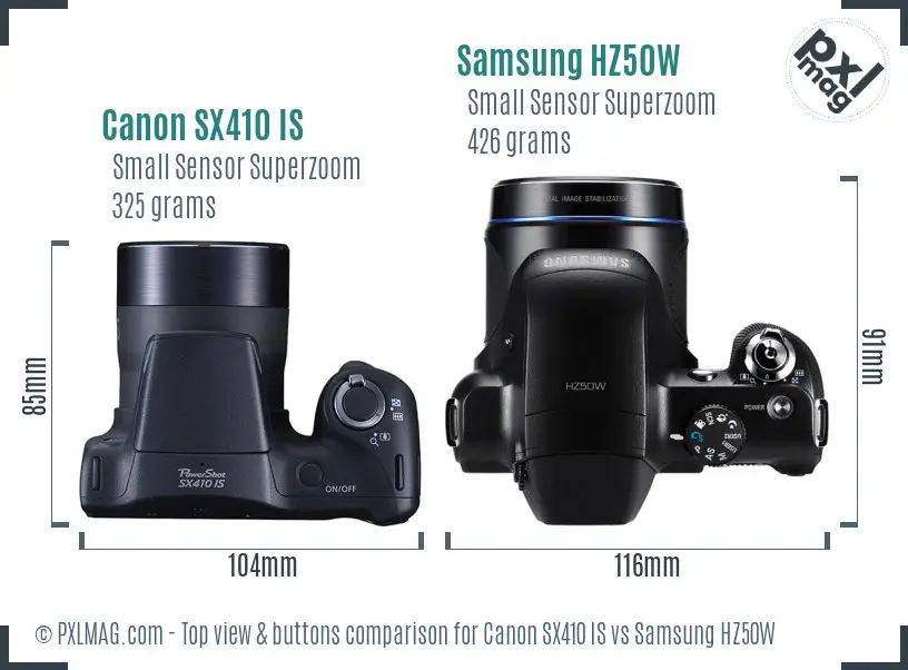 Canon SX410 IS vs Samsung HZ50W top view buttons comparison