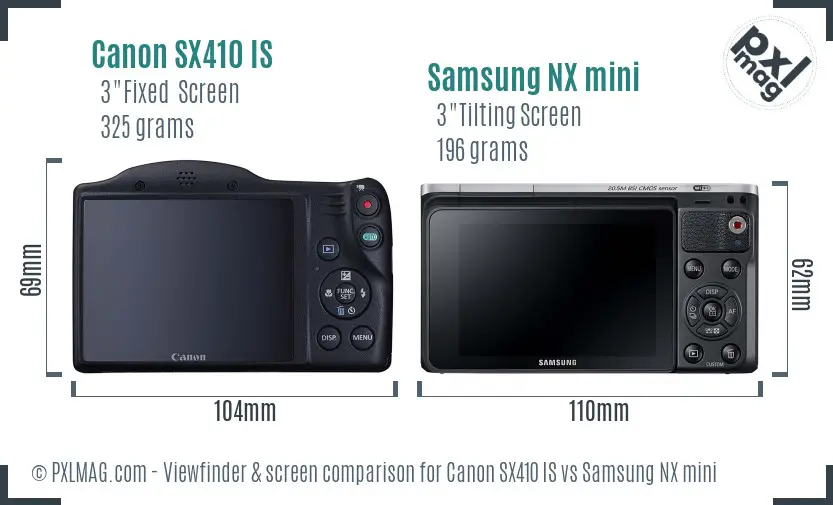 Canon SX410 IS vs Samsung NX mini Screen and Viewfinder comparison