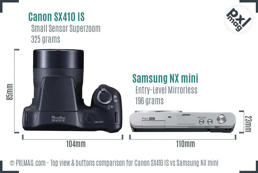 Canon SX410 IS vs Samsung NX mini top view buttons comparison