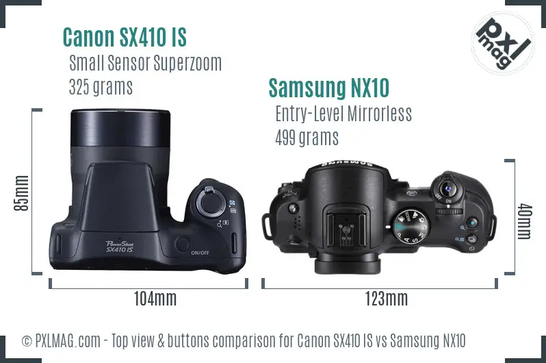 Canon SX410 IS vs Samsung NX10 top view buttons comparison