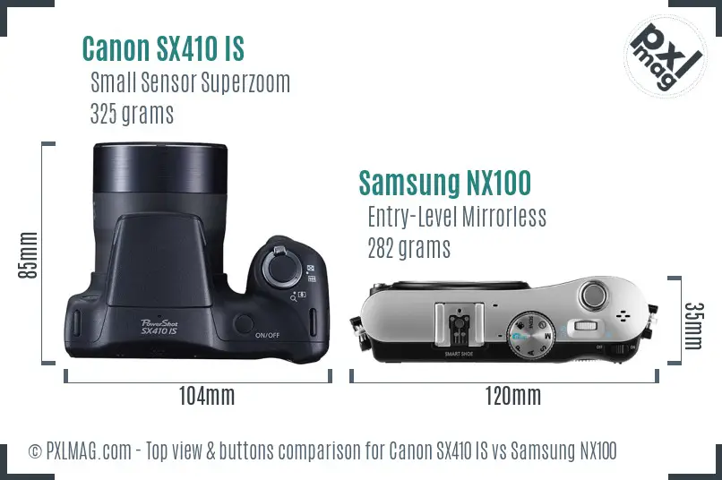 Canon SX410 IS vs Samsung NX100 top view buttons comparison Canon SX410 IS vs Samsung NX100 top view buttons comparison